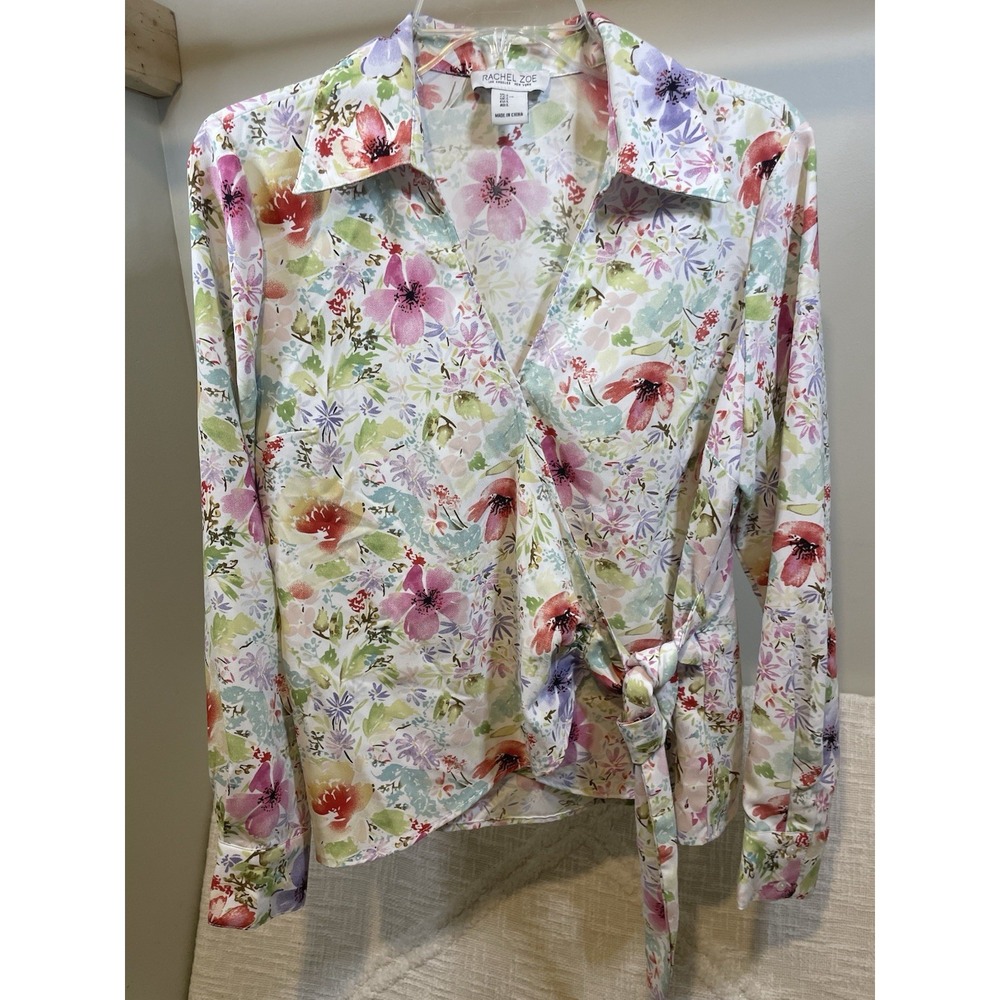 Rachel Zoe Long Sleeve Collared V Neck White Floral Wrap Top Blouse Women's Sz L